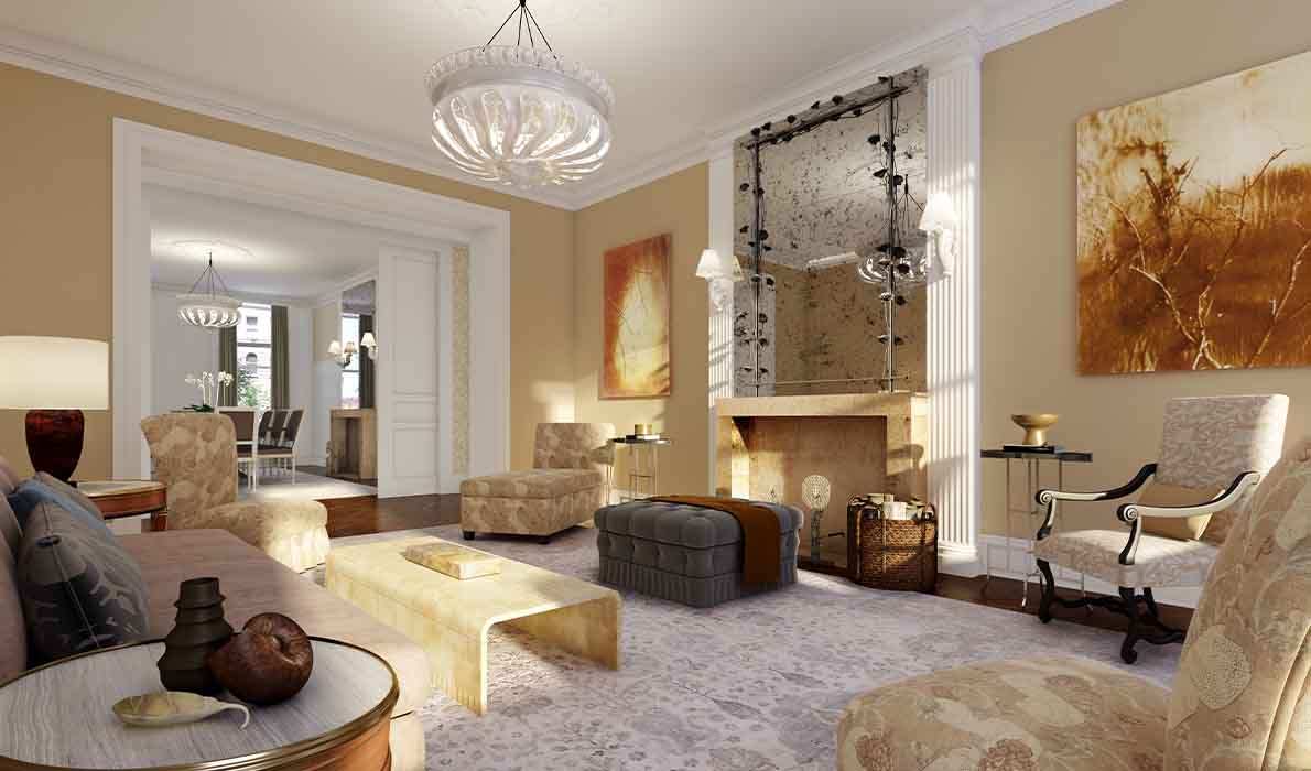 Luxury living room design rendering for 390 West End Ave apartments, NYC, showcasing craftsmanship by Universal Management & Contracting Corp with custom furniture and elegant decor.