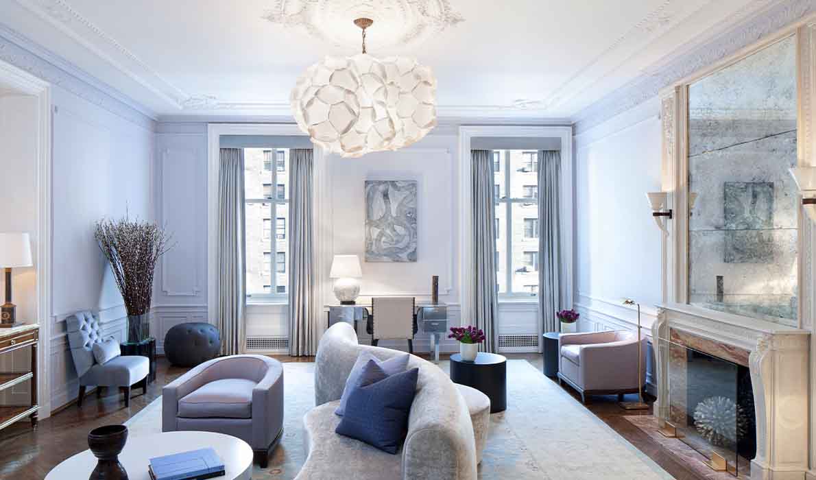 Modern living room design at 390 West End Ave apartments, NYC, showcasing the craftsmanship of Universal Management & Contracting Corp with luxury interiors and custom furniture.