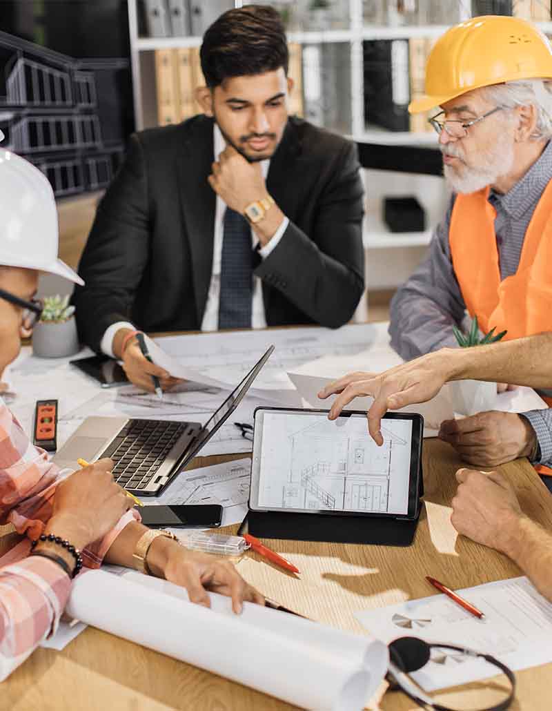 Professional construction team reviewing project budgets and cost projections before beginning construction in NYC